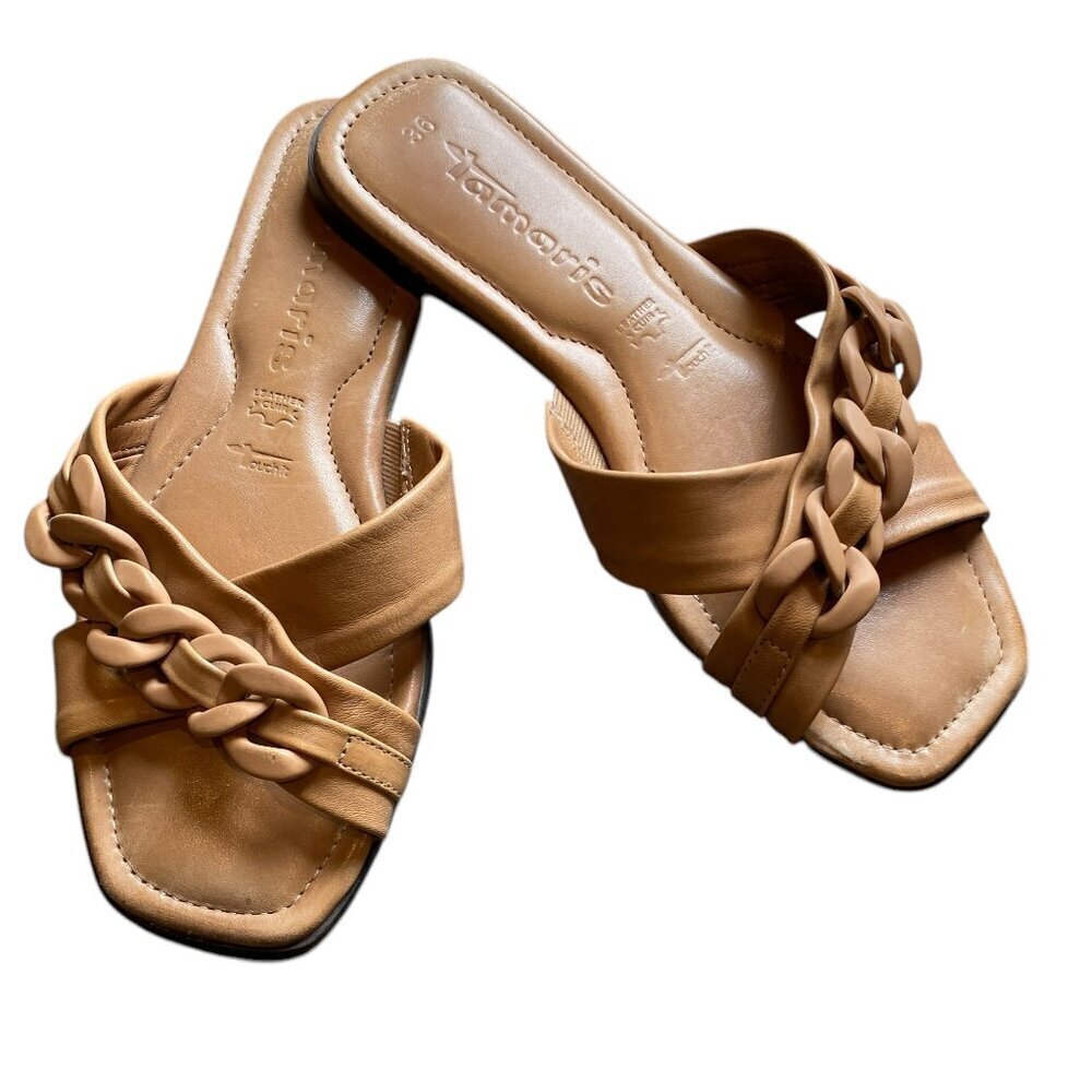 Tamaris Women's Genuine Leather Slide Flat‎ Sandal Sz 36 Camel #30Y